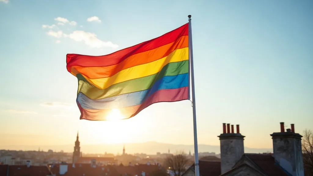 grand drapeau arc-en-ciel flottant sur un toit dans le ciel matinal a Lyon