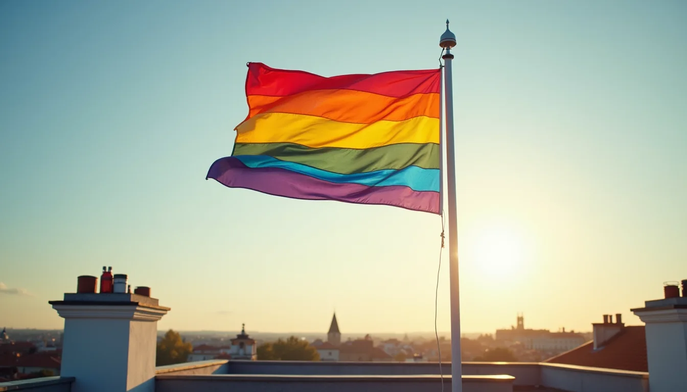 grand drapeau arc-en-ciel flottant sur un toit dans le ciel matinal a Lyon