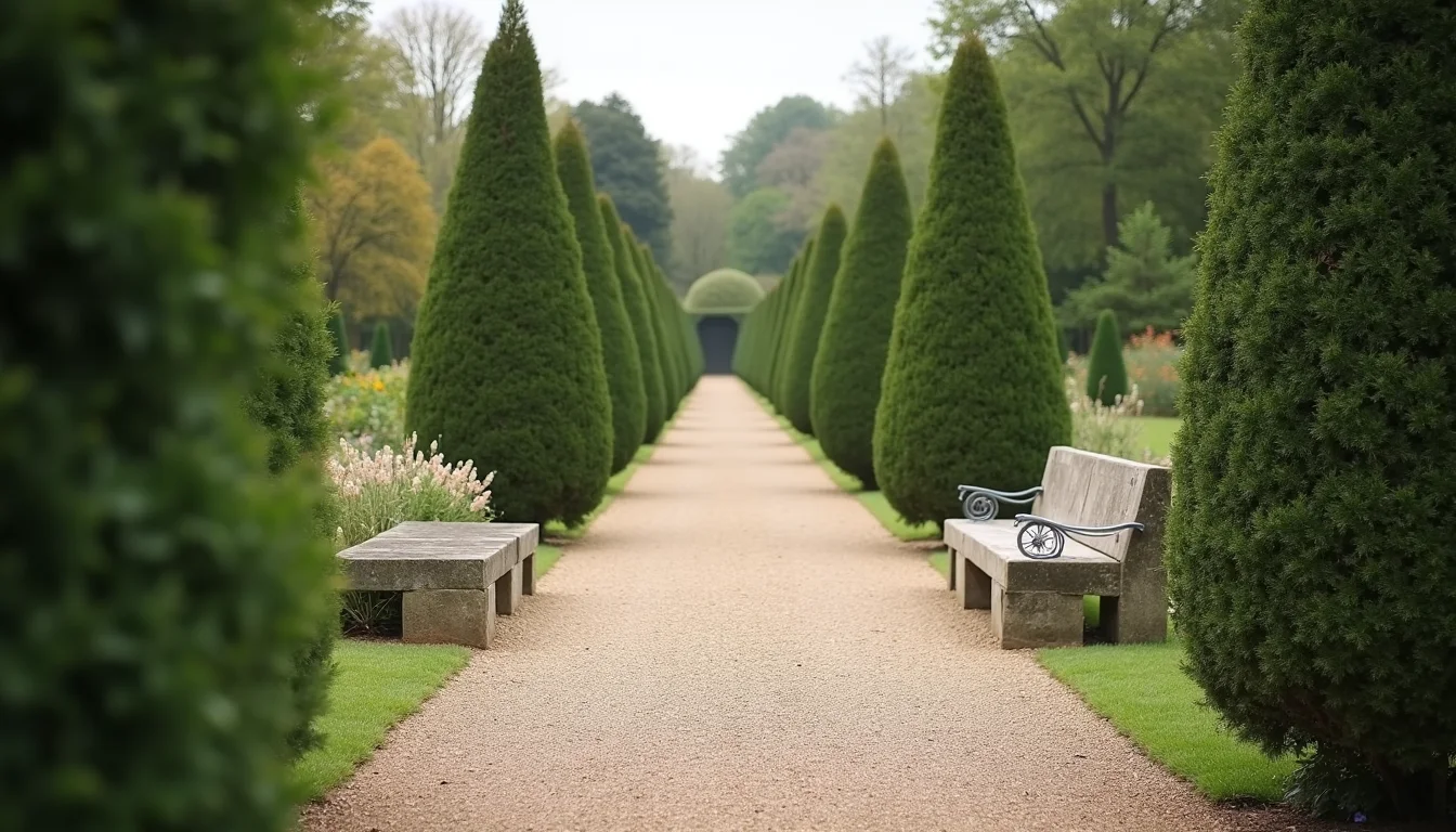 allée de gravier d un jardin botanique entre haies taillées a Lyon