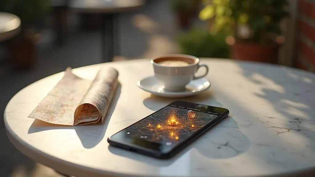 smartphone aux épingles de carte sur une table de café ensoleillée a Lyon
