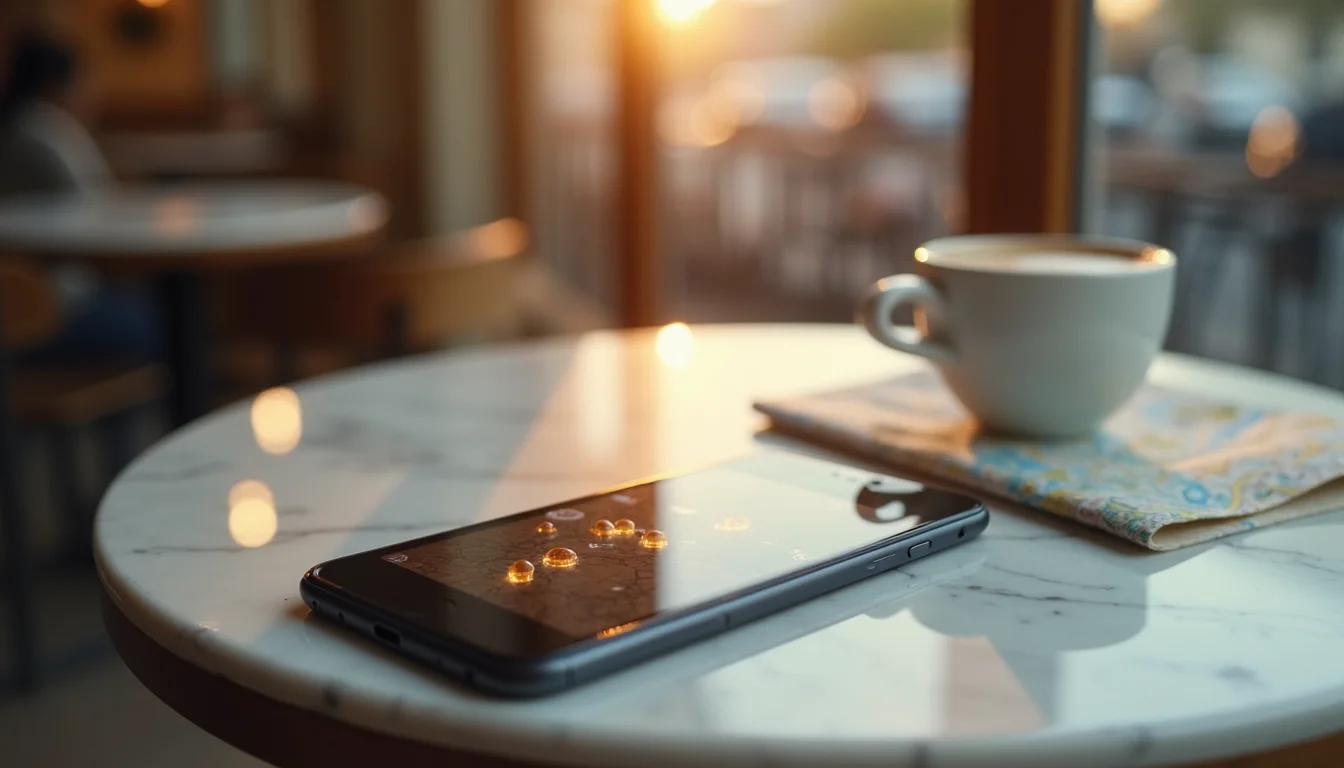 smartphone aux épingles de carte sur une table de café ensoleillée a Lyon