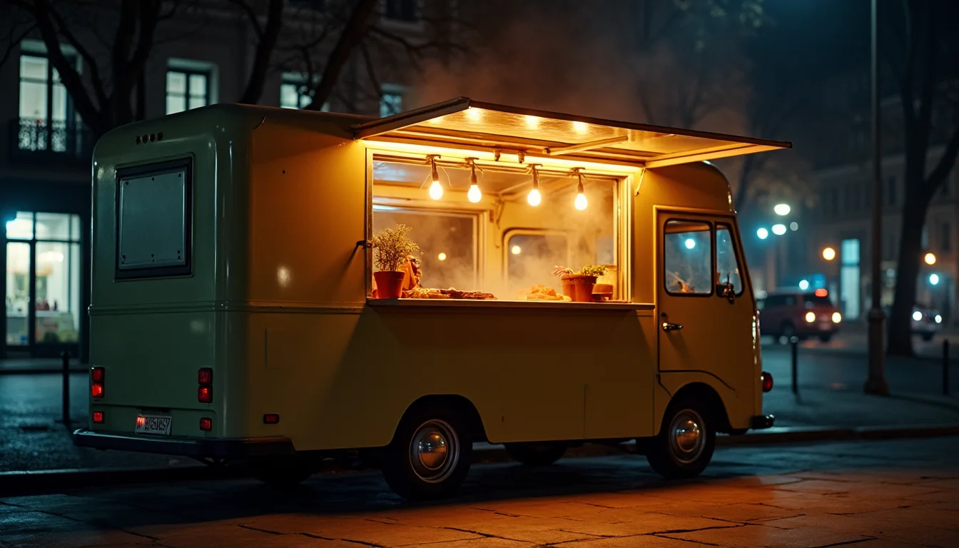 food truck la nuit, écoutille chaude et ampoules suspendues a Lyon