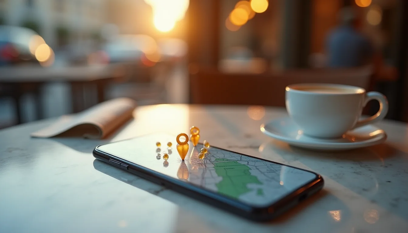 smartphone aux épingles de carte sur une table de café ensoleillée a Lyon