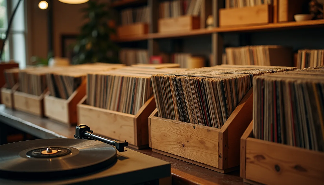 bacs de disques en bois et platine, lumière chaude sur les pochettes a Lyon