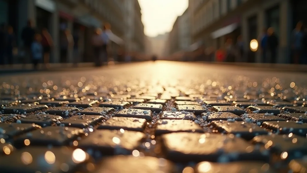 paillettes argentees eparpillees sur des paves au soleil rasant a Lyon