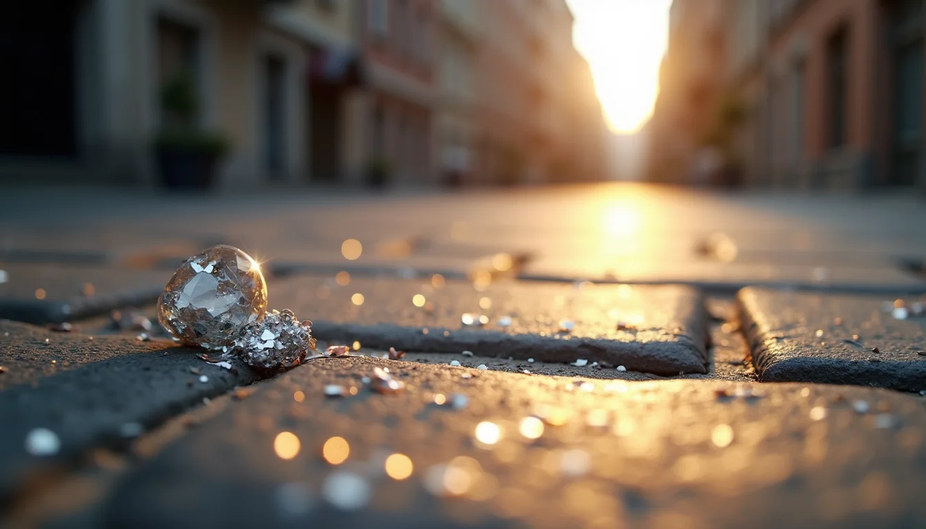 paillettes argentees eparpillees sur des paves au soleil rasant a Lyon