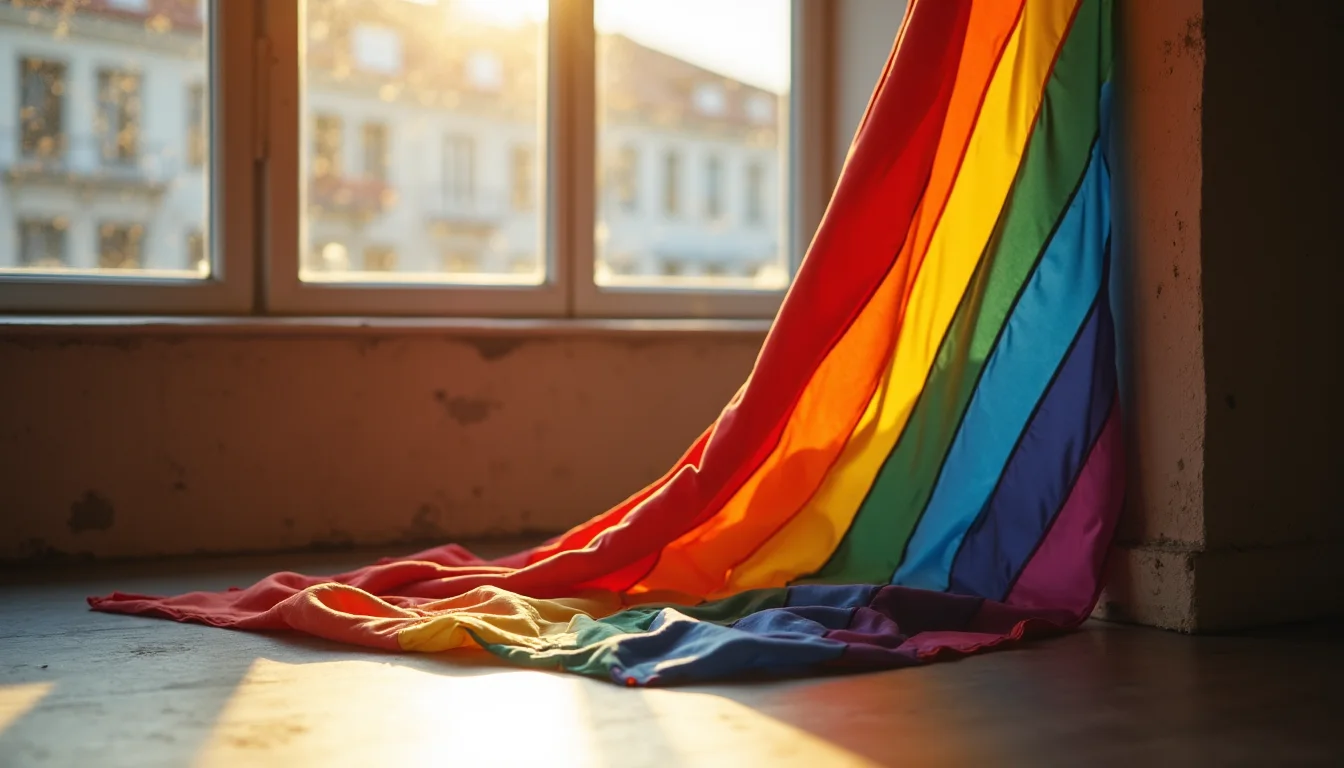 drapeau arc-en-ciel enroulé autour de sa hampe dans un angle, lumière dorée a Lyon