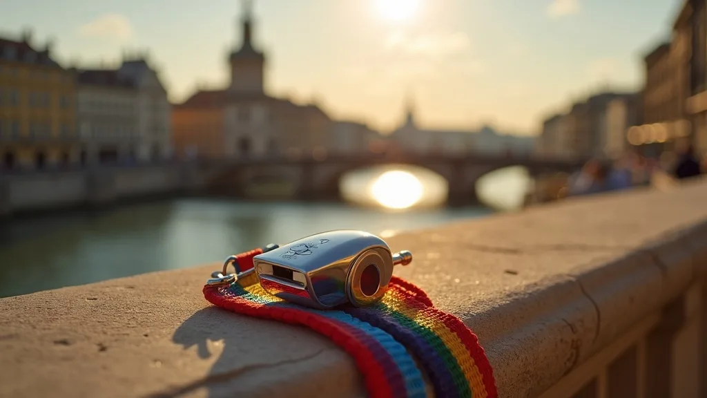 sifflet chrome sur cordon arc-en-ciel pose sur un parapet de pierre au soleil a Lyon