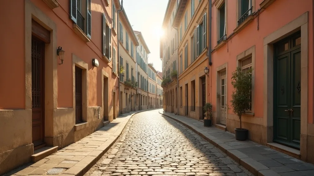 rue paveee bordee de facades pastel, lumiere doree du soir a Lyon