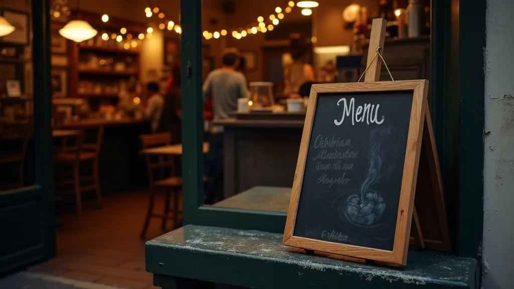 ardoise de menu sur chevalet devant un bistrot, lueur chaude a Lyon