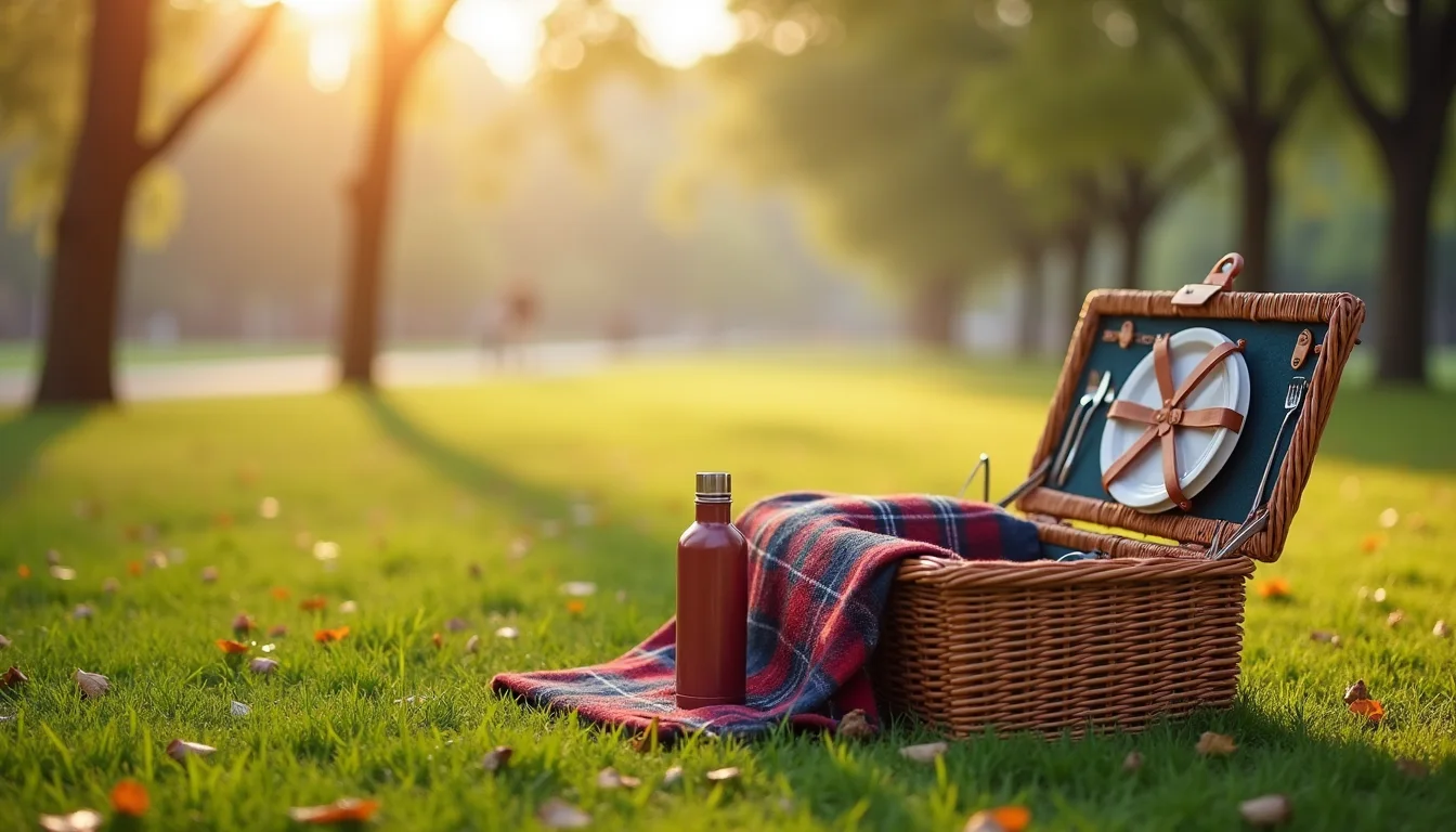 panier de pique-nique en osier et plaid sur l herbe d un parc a Lyon