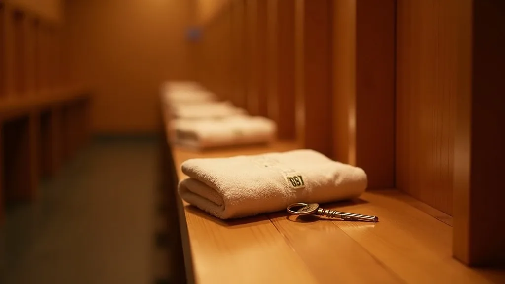 bancs de vestiaire en cèdre, serviette pliée et clé numérotée laiton a Lyon
