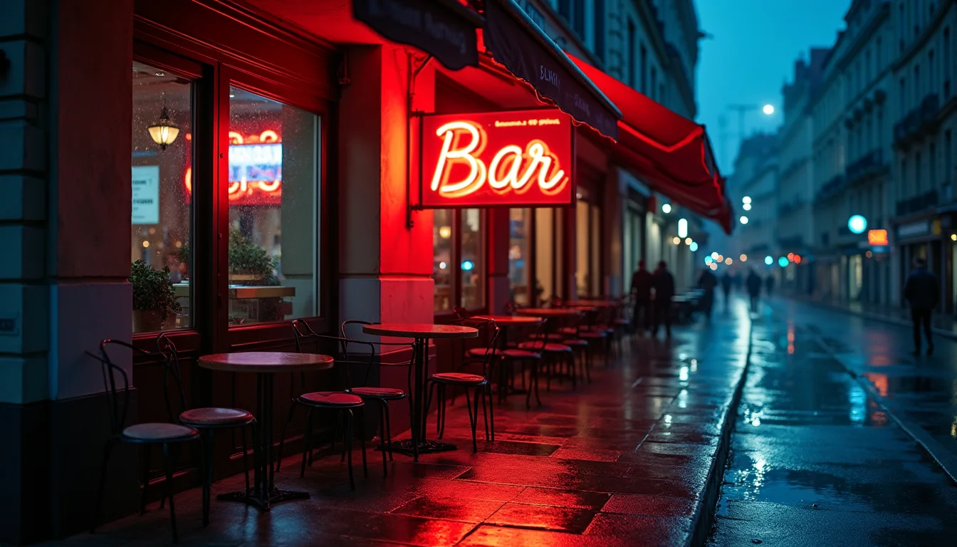 enseigne lumineuse de bar en neon refletee sur un trottoir mouille a Lyon