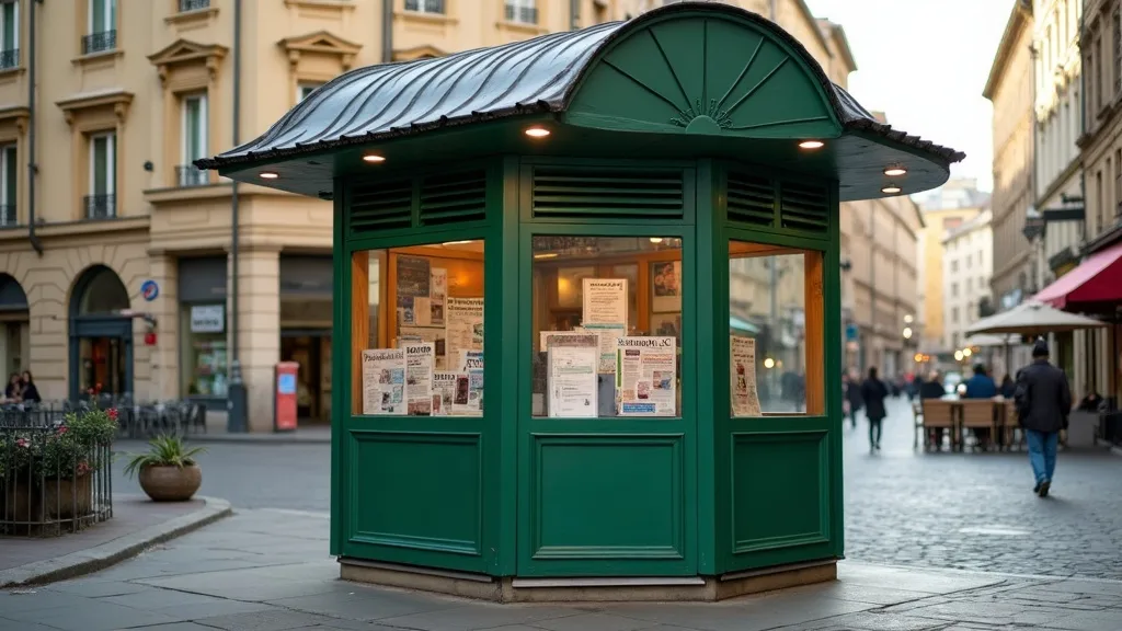 kiosque a journaux aux volets verts, lumiere du matin a Lyon