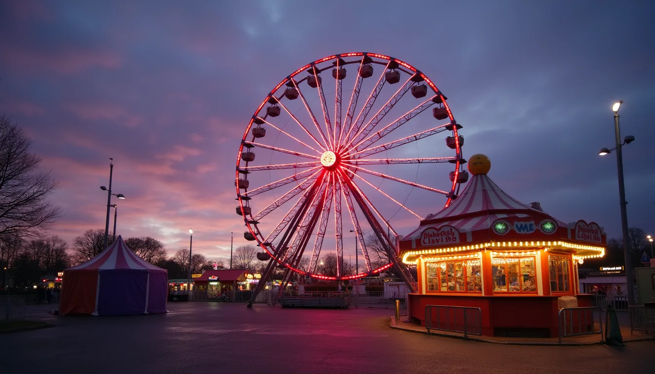 grande roue illuminee au-dessus d une fete foraine au crepuscule a Lyon