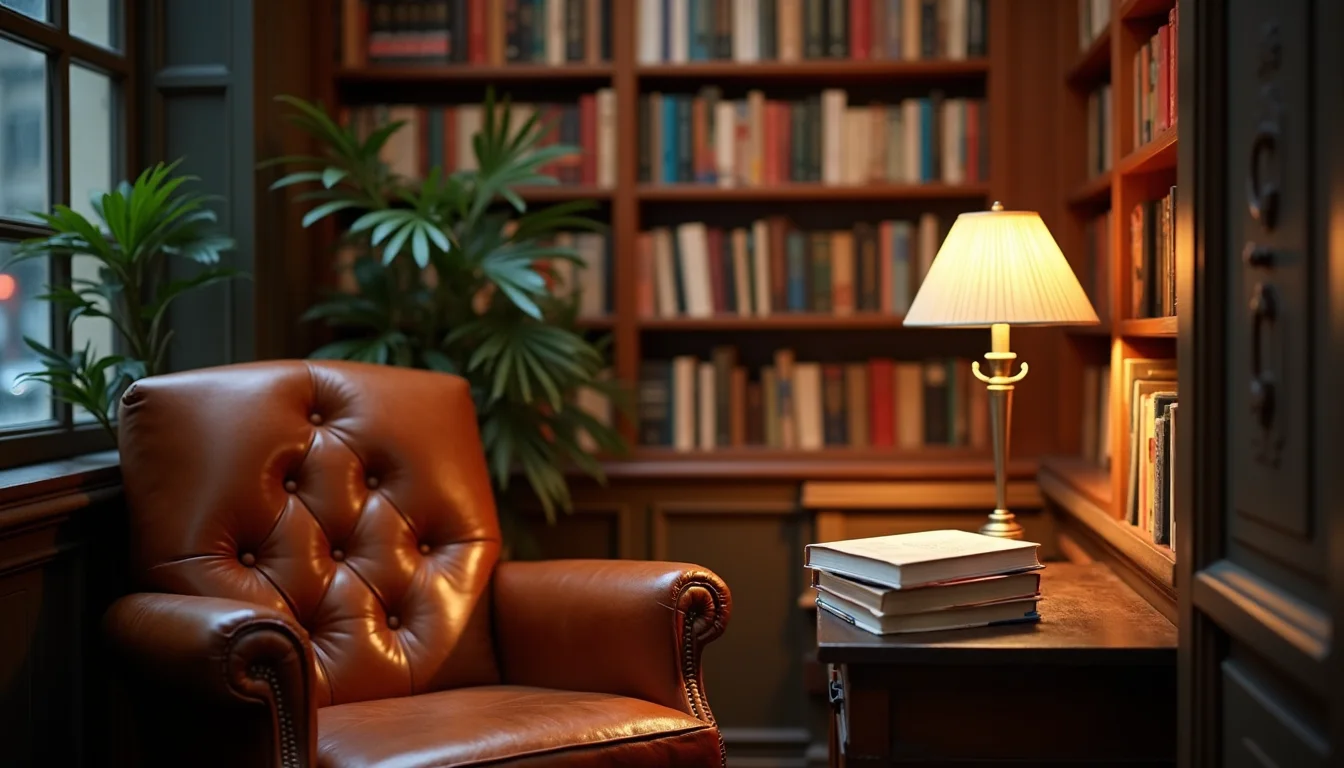 coin lecture de bibliothèque, fauteuil en cuir et pile de livres a Lyon