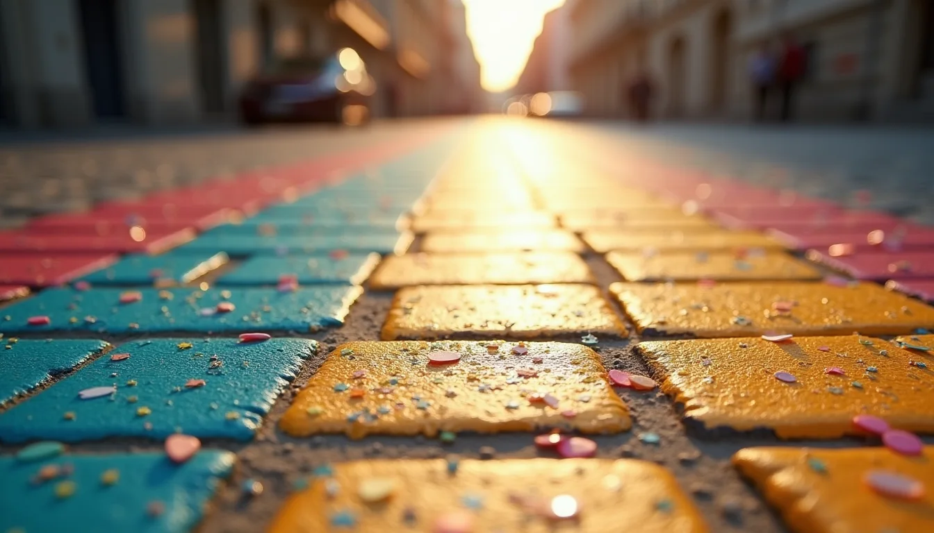 passage piéton arc-en-ciel sur pavés, paillettes scintillant au soleil a Lyon