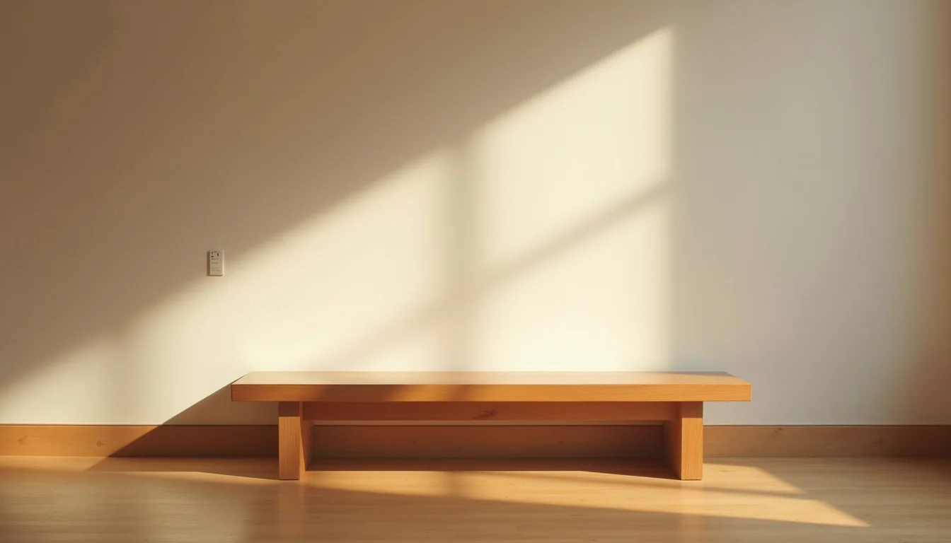 banc de musée en bois poli sous un mur de galerie doucement éclairé a Lyon