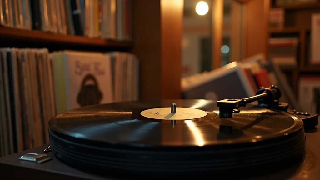 platine vinyle en marche près de bacs de disques dans un disquaire a Lyon