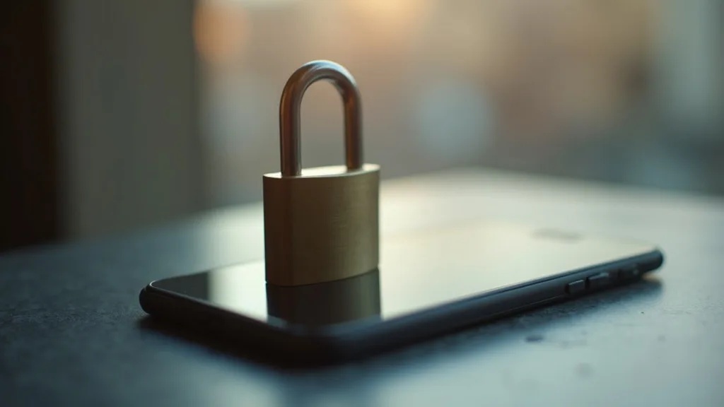 cadenas en acier brossé fermé sur un smartphone face cachée sur ardoise a Lyon