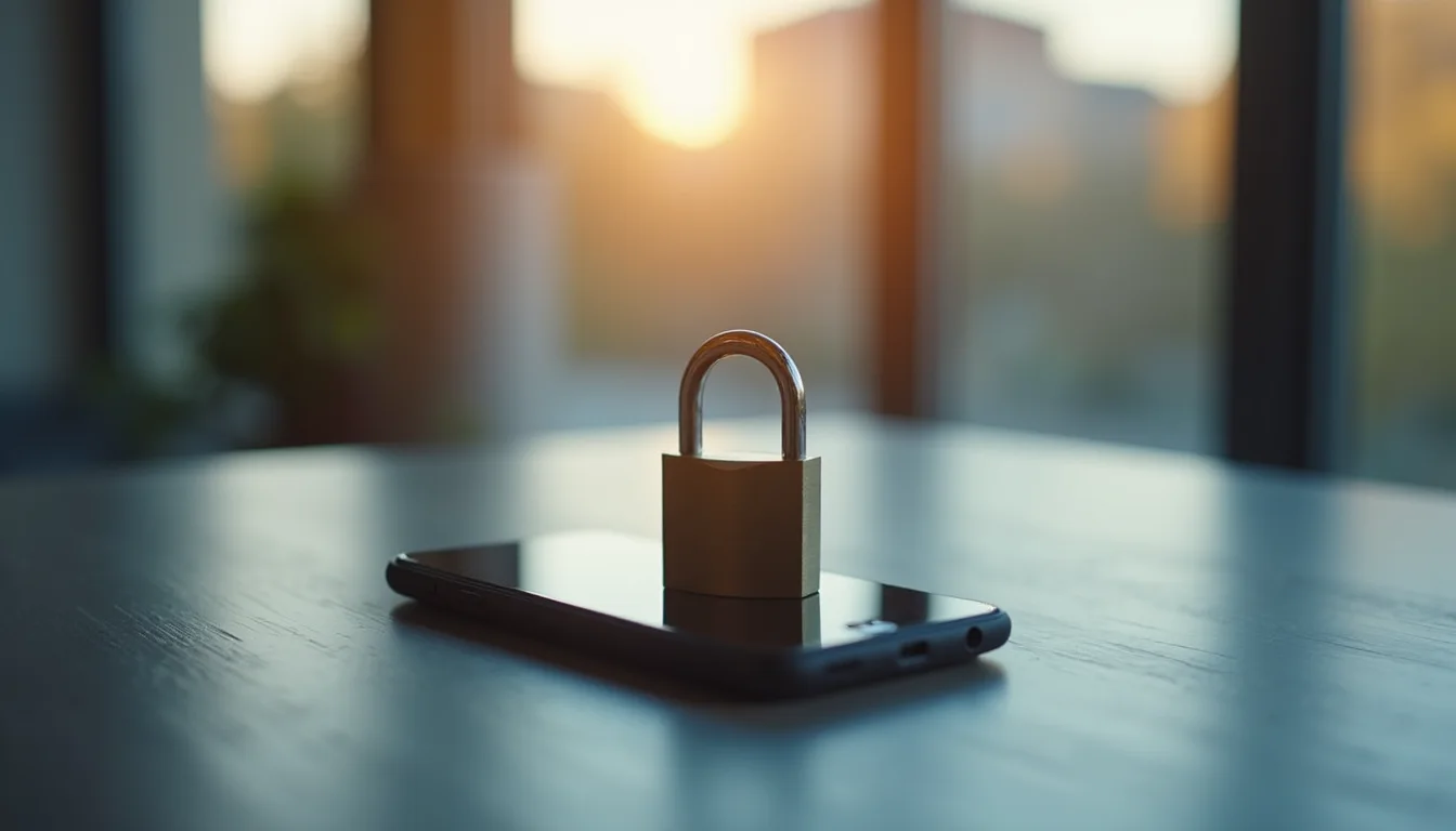 cadenas en acier brossé fermé sur un smartphone face cachée sur ardoise a Lyon