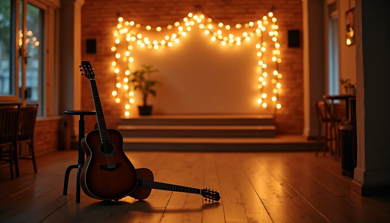 guitare acoustique contre un tabouret près d'une petite scène à guirlandes lumineuses a Lyon