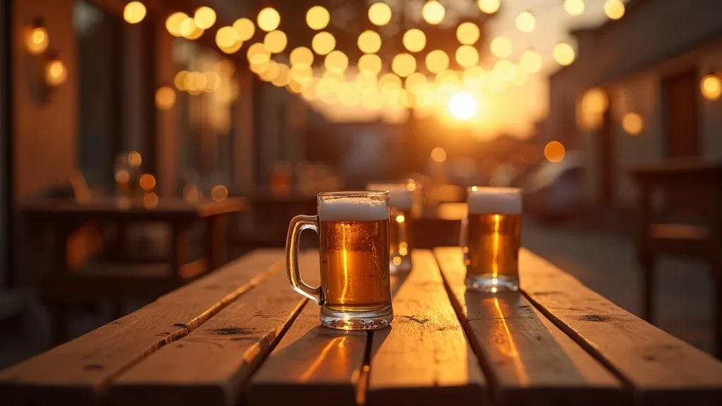 table de terrasse à bière, chopes vides et guirlandes dorées a Lyon