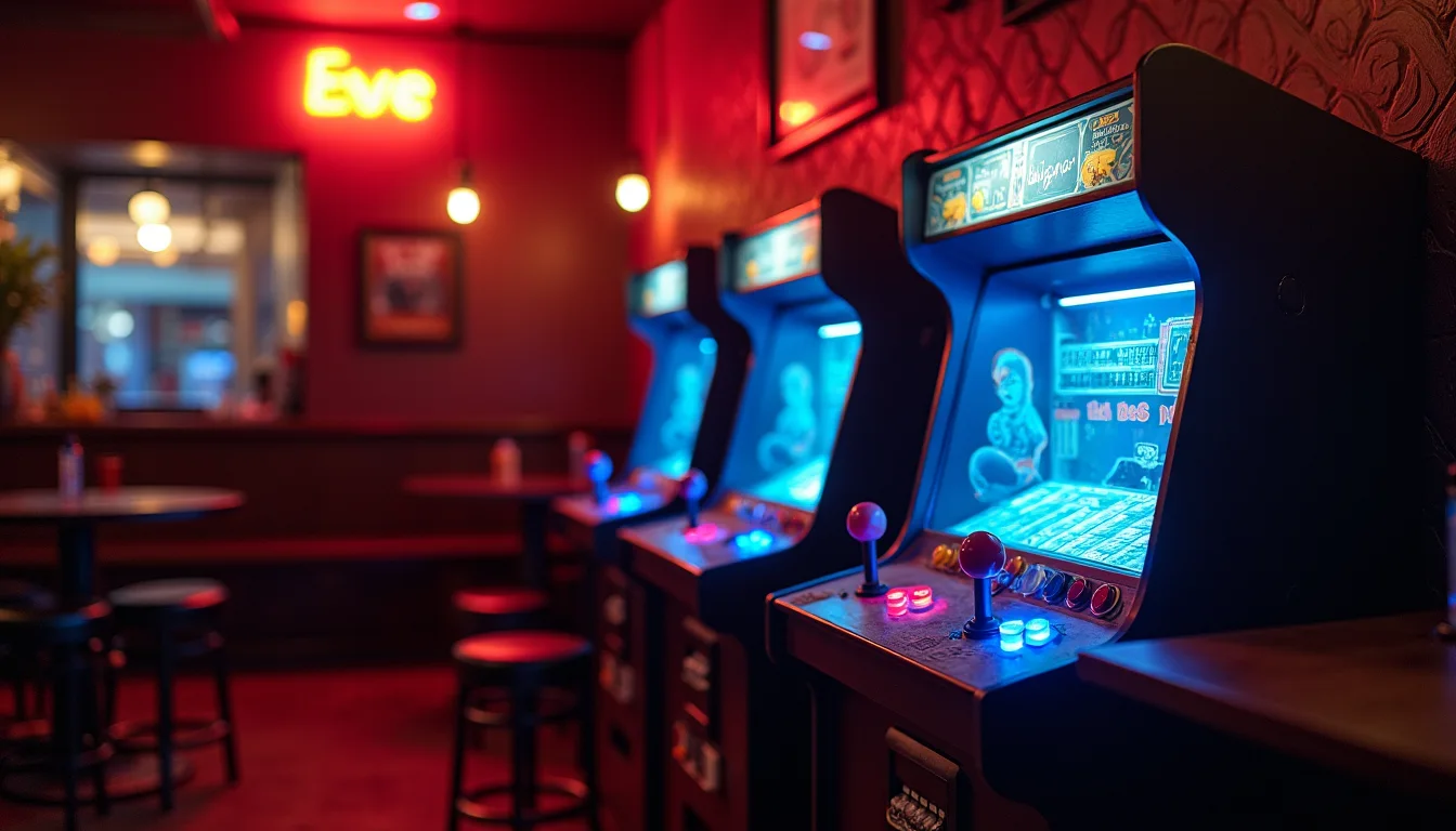 borne d'arcade lumineuse dans un coin de bar, boutons bleu et rouge a Lyon