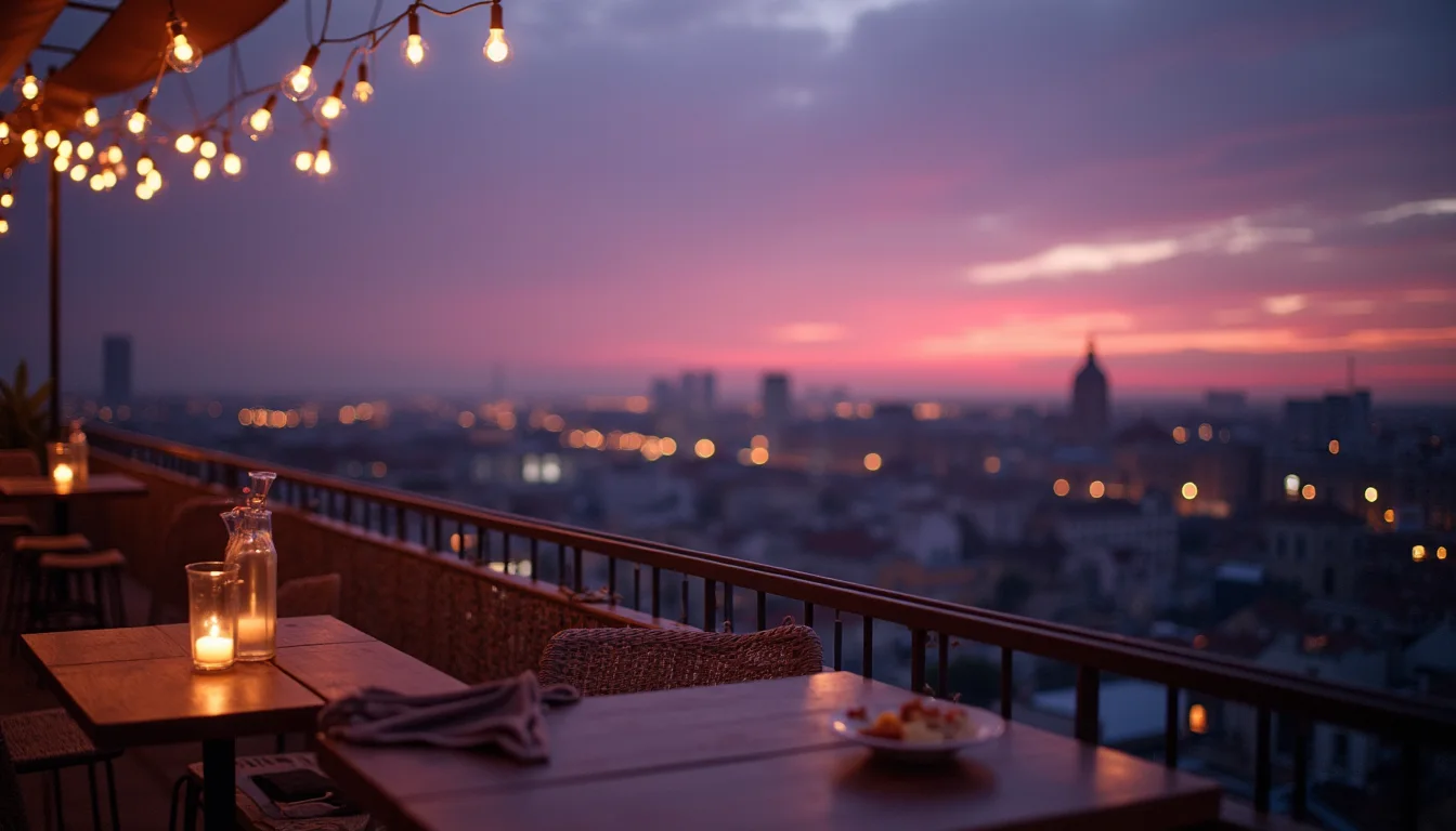 garde-corps de rooftop au crépuscule, guirlandes lumineuses chaudes a Lyon