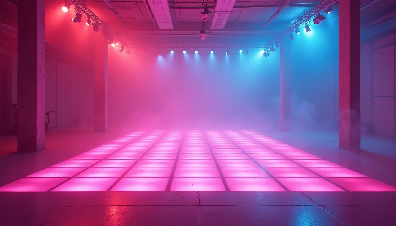 piste de danse au néon, carrés réfléchissants magenta et cyan a Lyon