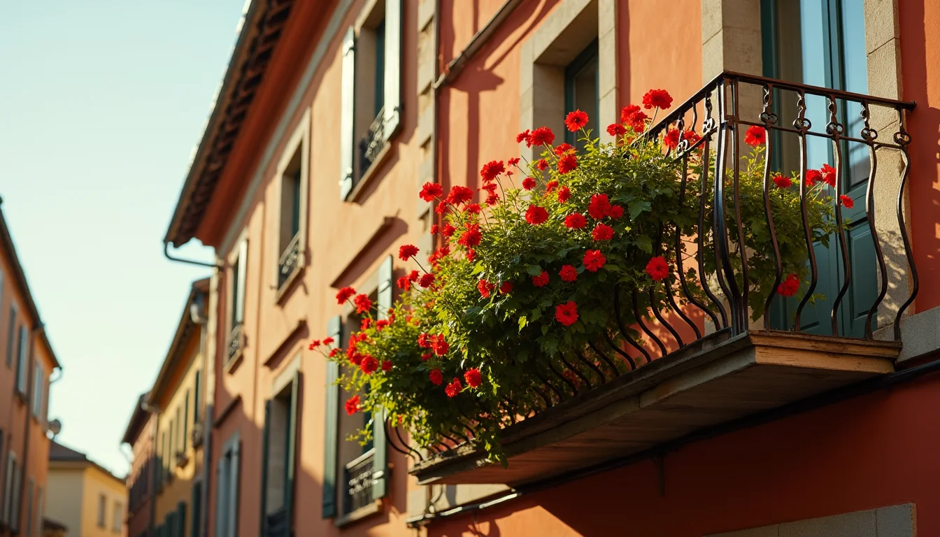 balcon en fer forge debordant de geraniums rouges, fin d apres-midi a Lyon