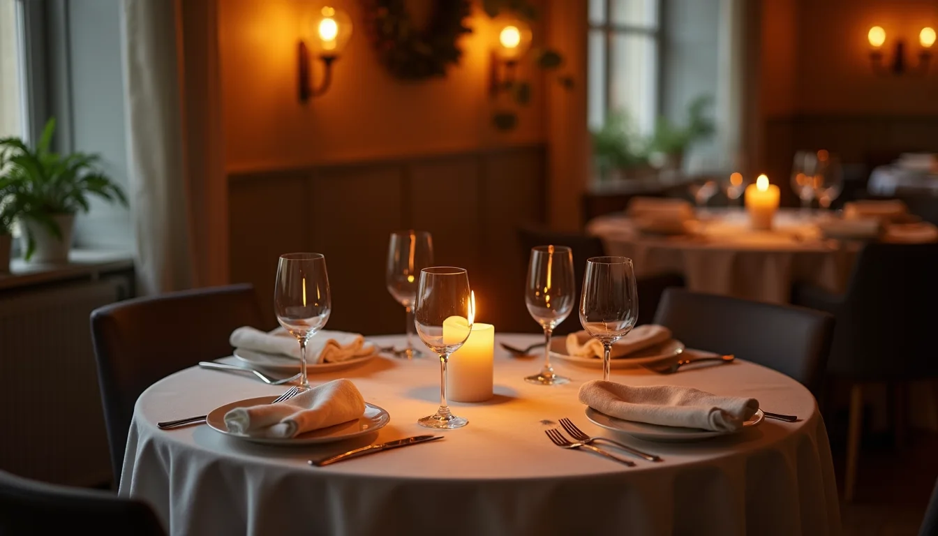 table de dîner aux chandelles dressée pour deux, lumière chaude du soir a Lyon